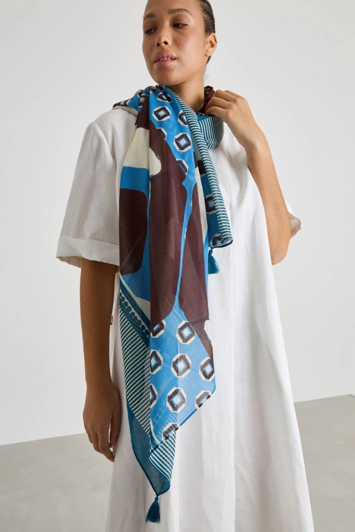 Printed cotton pareo - BLUE BROWN WHITE