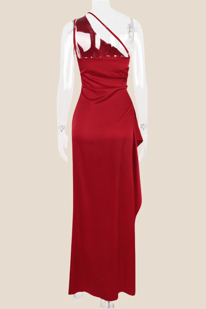 One Shoulder Red Ruched Long Dress with Slit