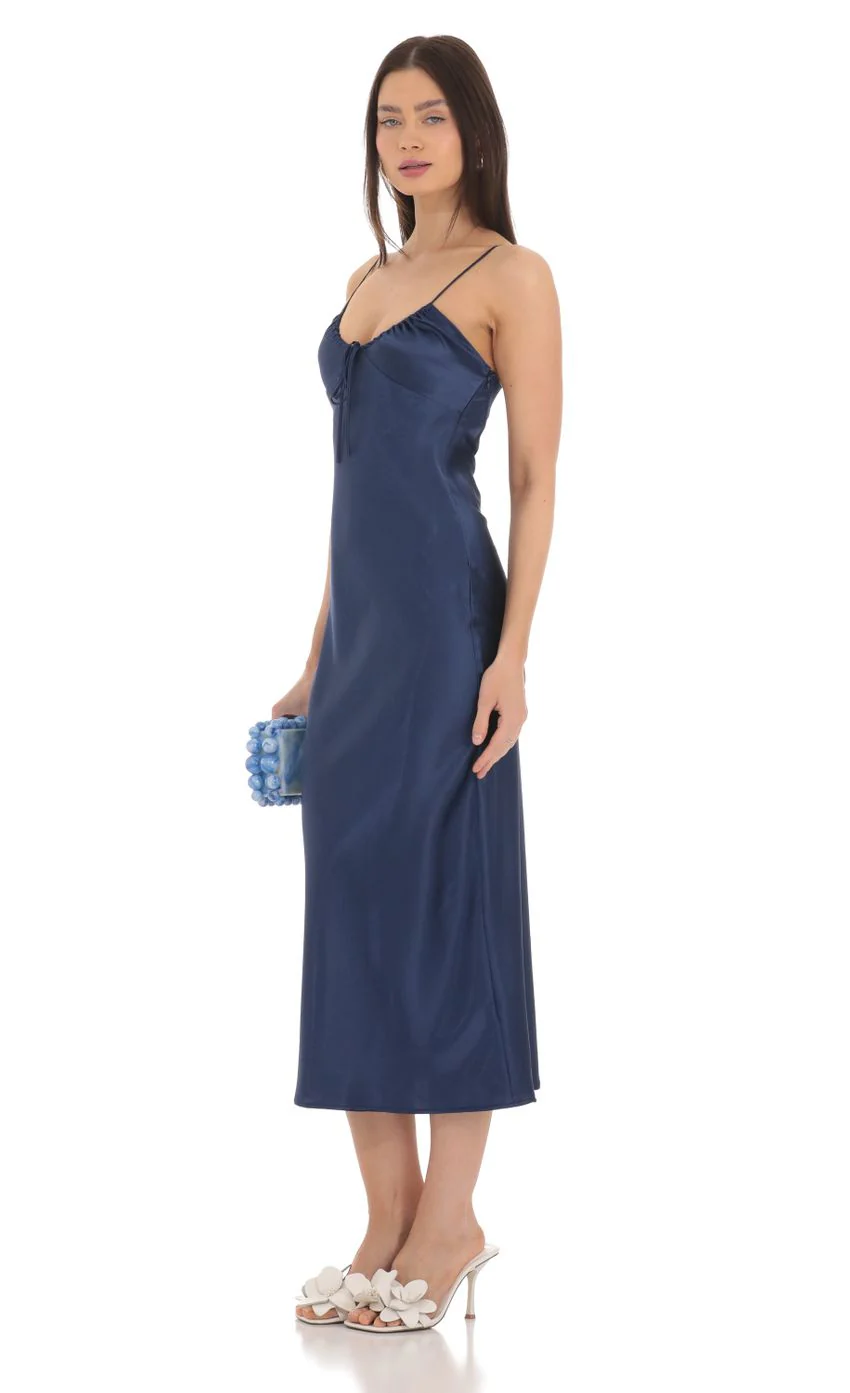 Satin Open Back Midi Dress in Navy