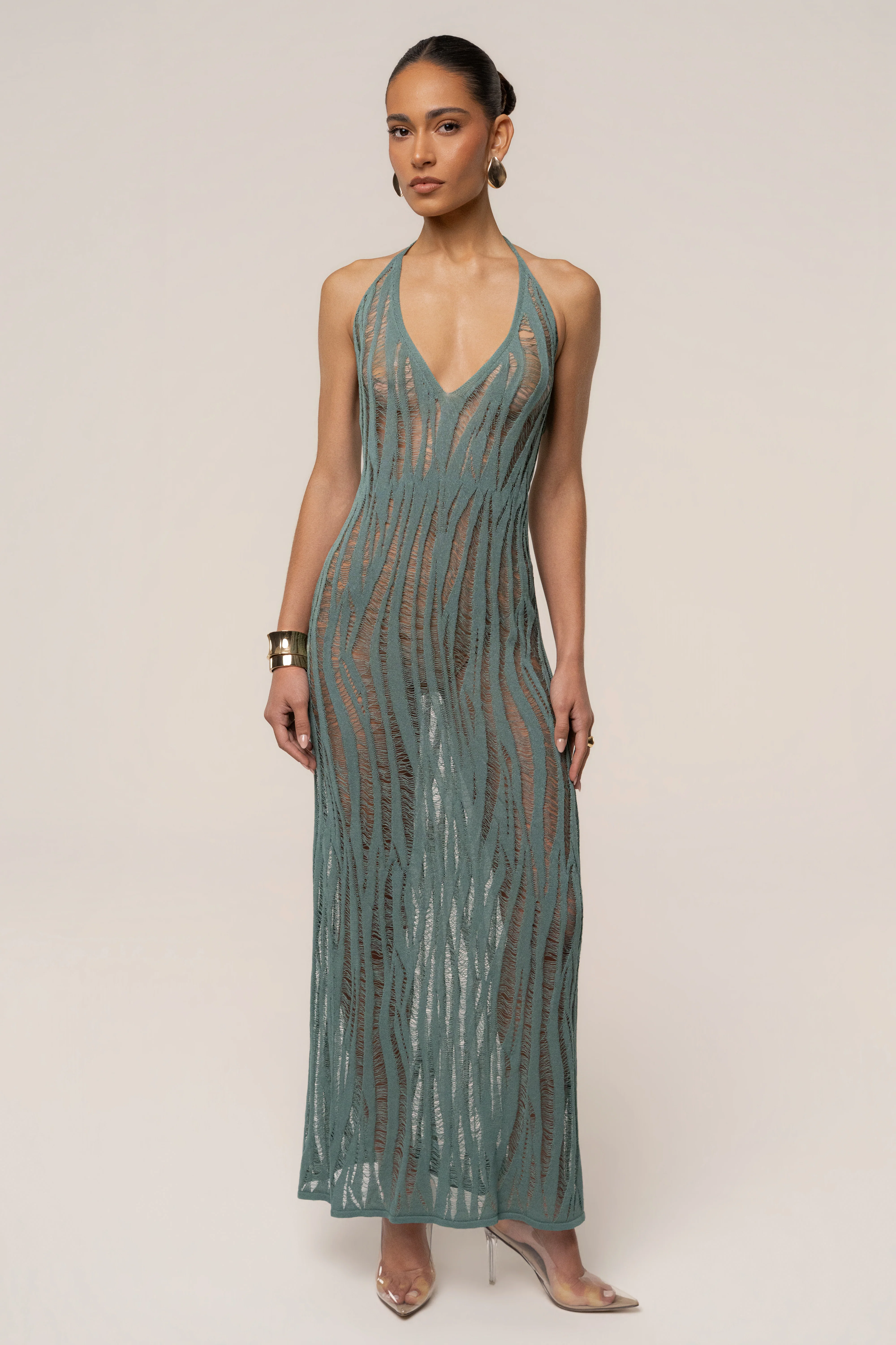 Dusty Green Nocturnal Waves Maxi Dress