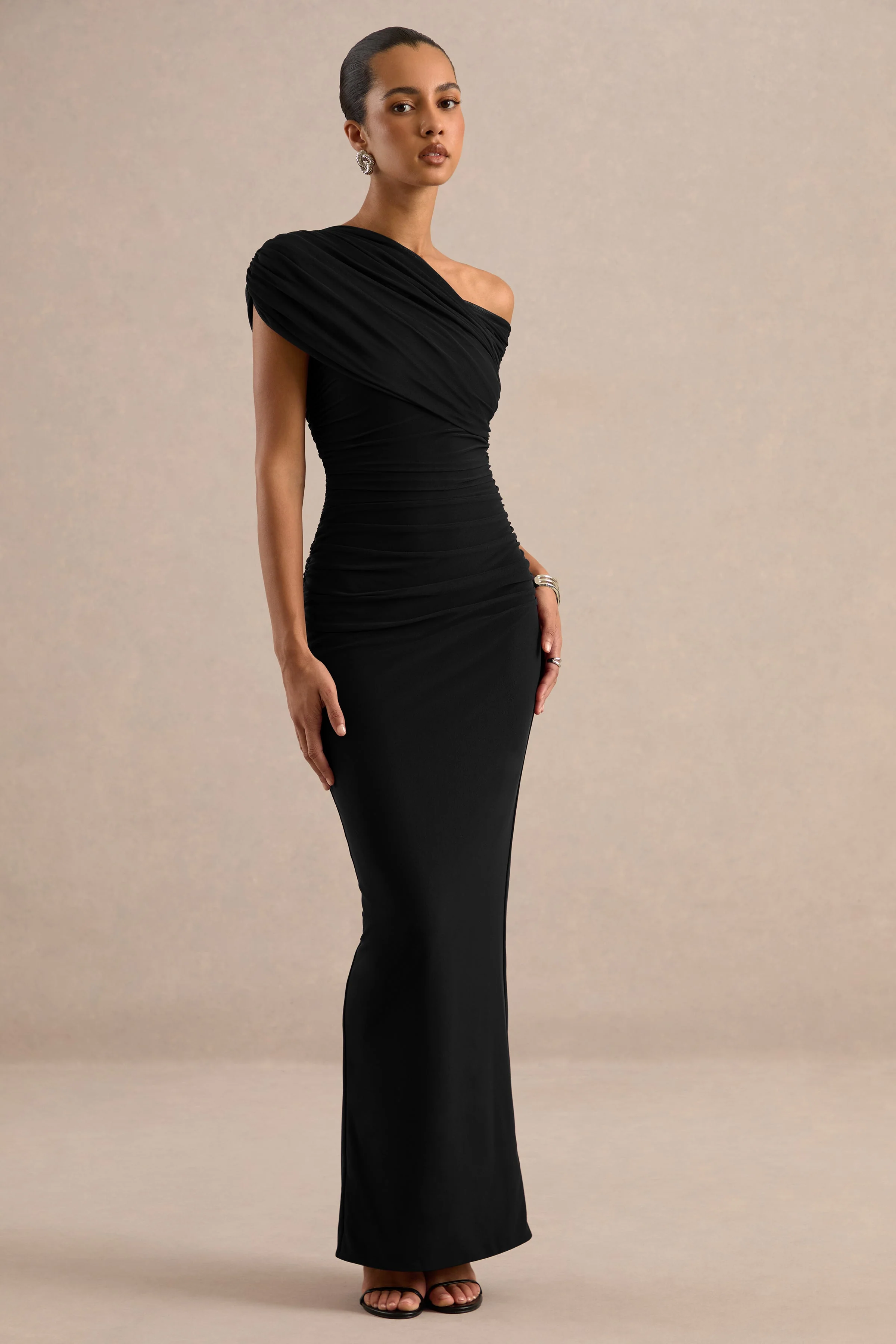 Crescentia | Black Jersey One Shoulder Short Sleeve Maxi Dress With Ruching