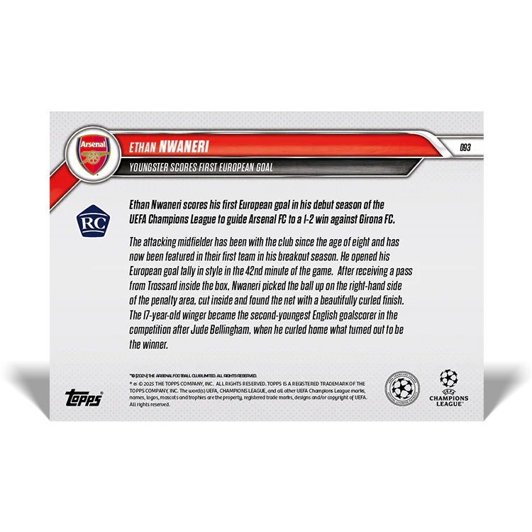Ethan Nwaneri - Youngster scores first European goal - 24/25 UCL Topps NOW® Card 93