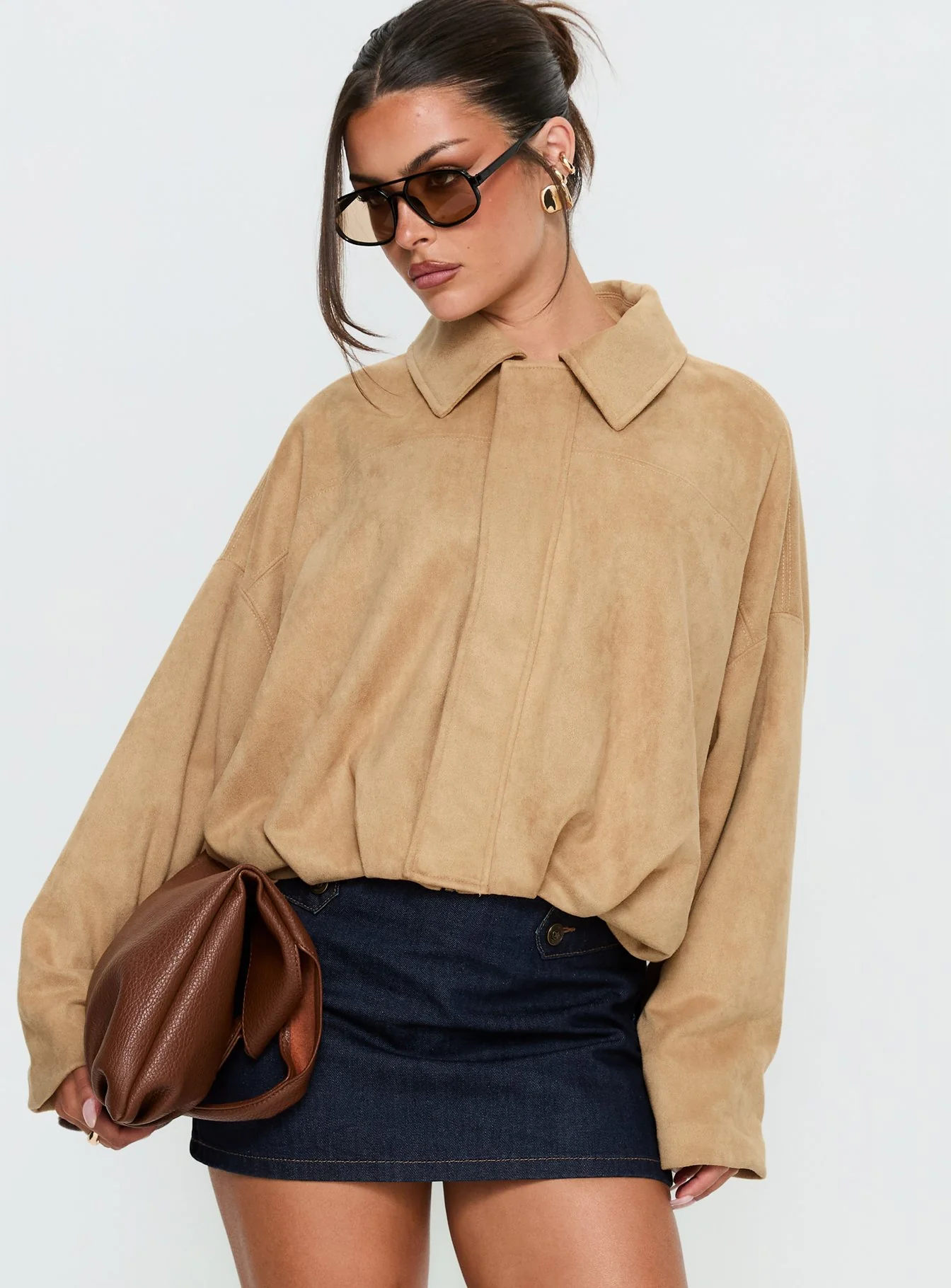 Enlightened Faux Suede Bomber Jacket Beige