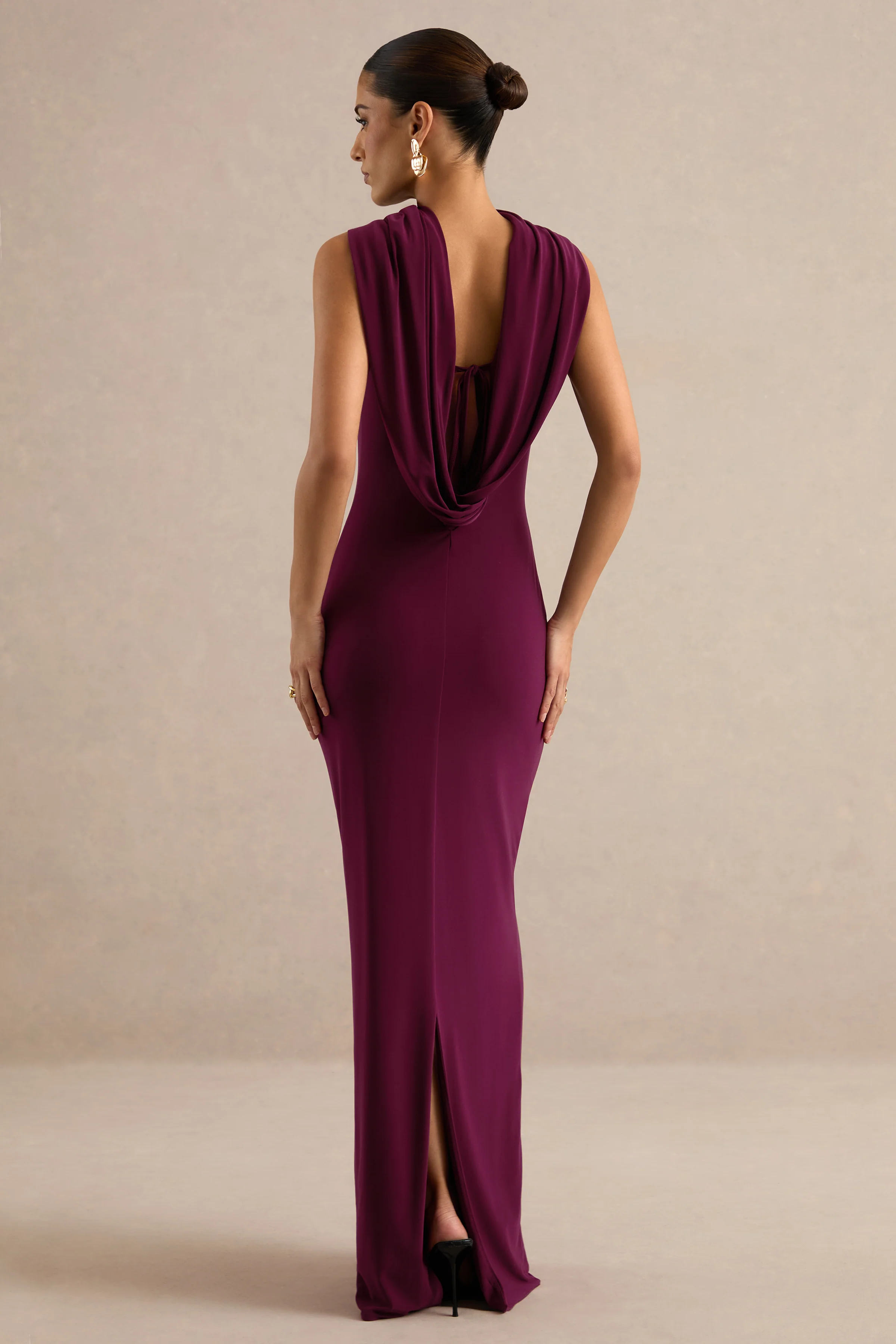 Jolina | Burgundy Jersey High Neck Maxi Dress With Draped Detailing