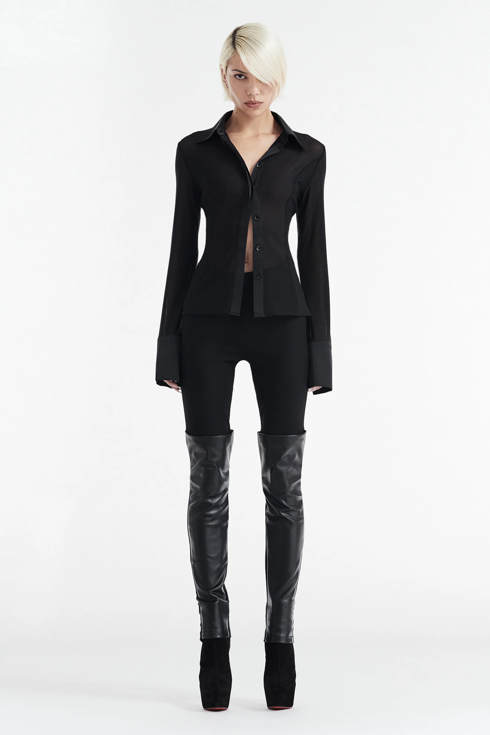 Solange Mesh Long Sleeve Button Up Shirt - Black