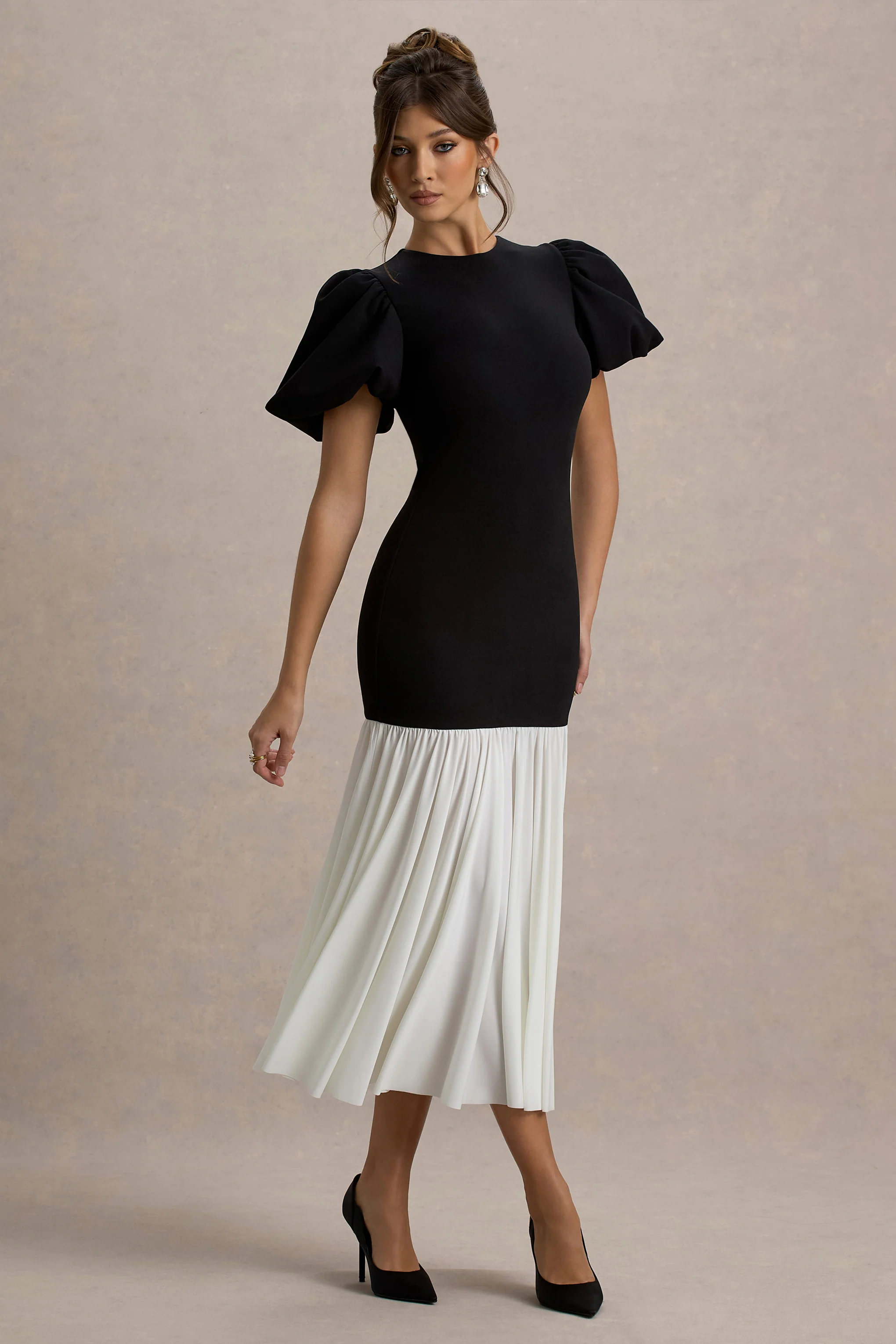 Cinzia | Black & White Puff-Sleeve Volume-Hem Midi Dress