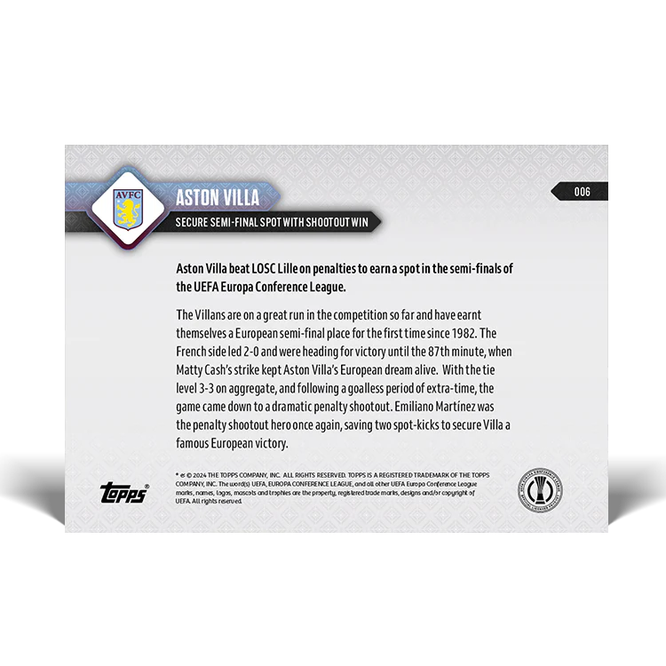 Aston Villa - Secure semi-final spot with shootout win - 23/24 UECL TOPPS NOW® Card 6