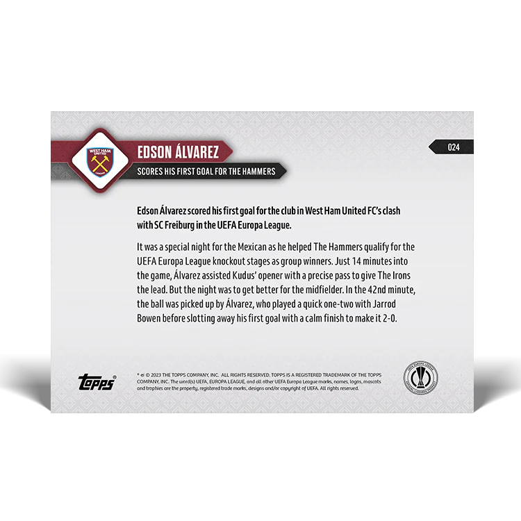 Topps UK - Edson Álvarez - Scores his first European goal for the Hammers - UEL TOPPS NOW® Card #24