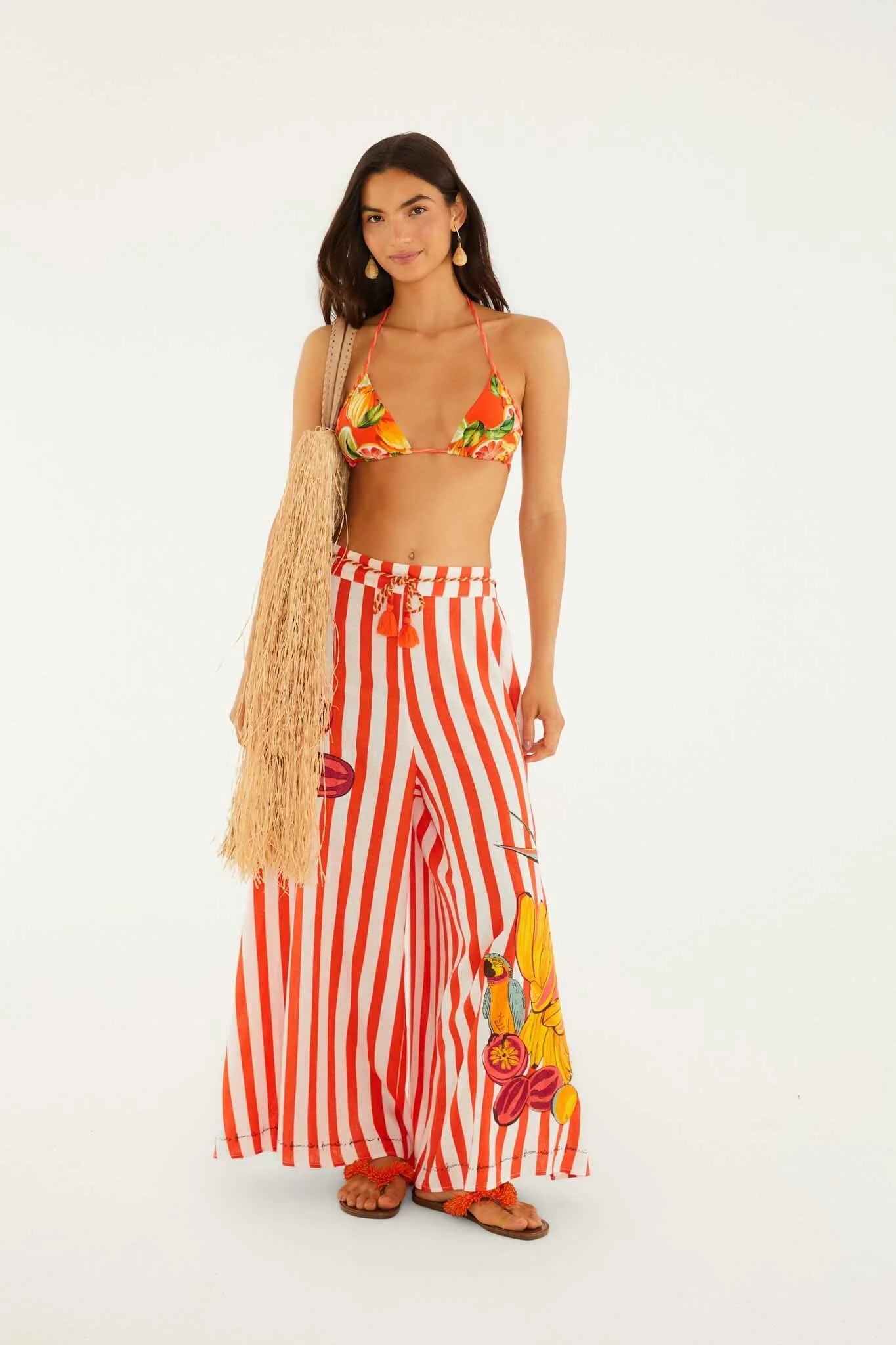 Red Fruit Stripes Rope Ties Slits Pants