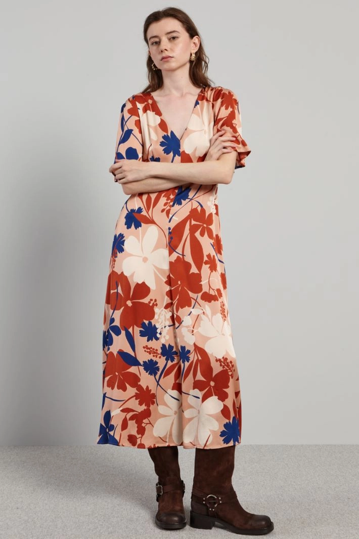 Long printed satin dress - PINK TERRACOTTA BLUE