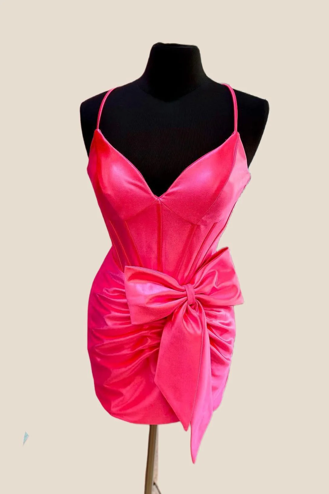 V-neck Light Blue Bodycon Short Dress with Bow