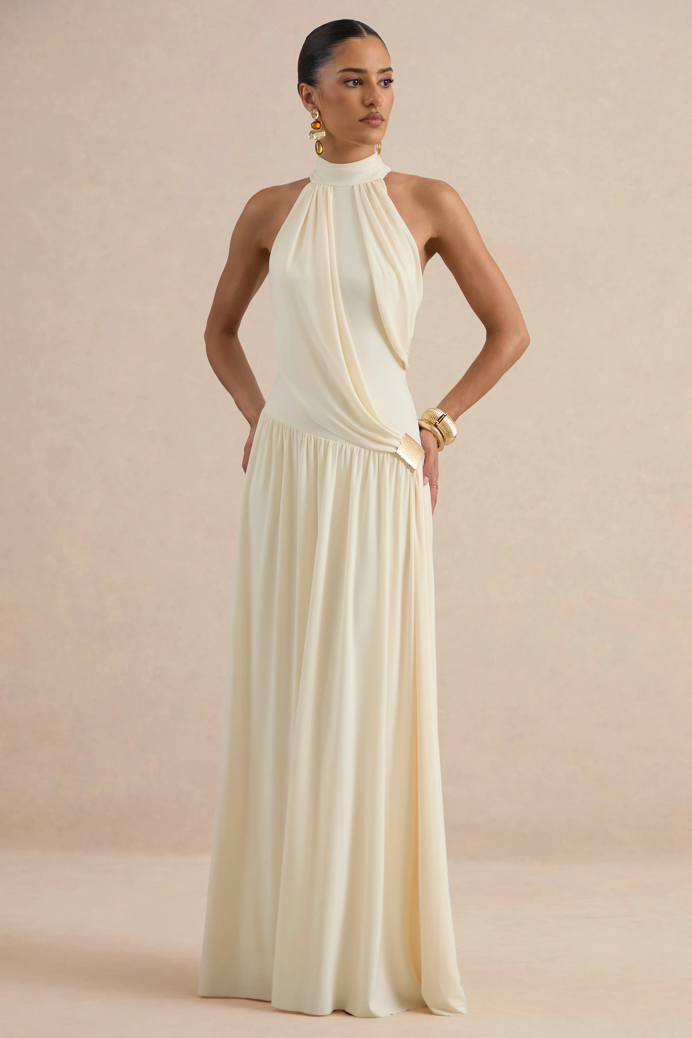 Sibel | Cream Jersey Ruched High Neck Maxi Dress With Draped Detailing And Gold Trim