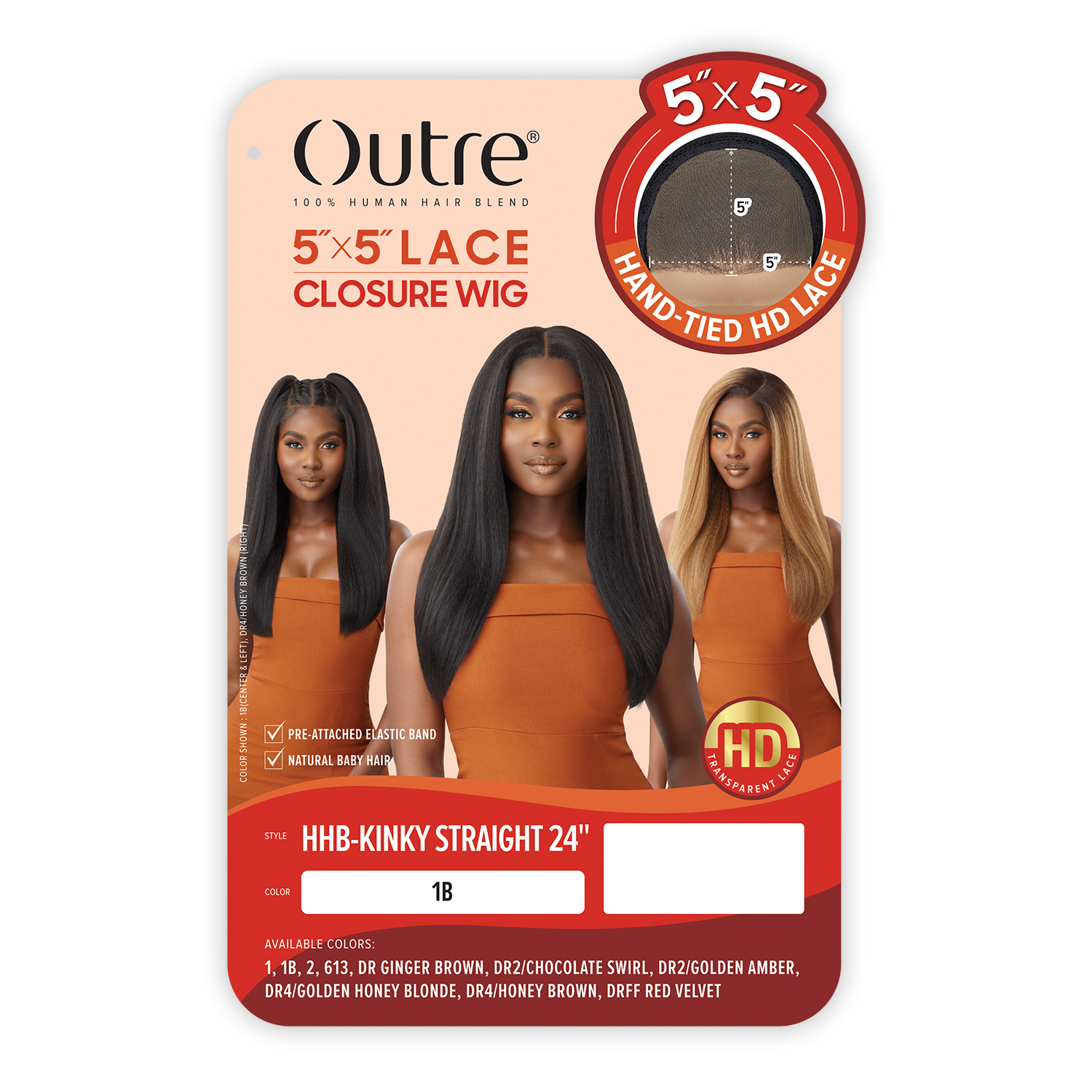 Outre Human Hair Blend Glueless HD 5X5 Lace Closure Wig Kinky Straight 24