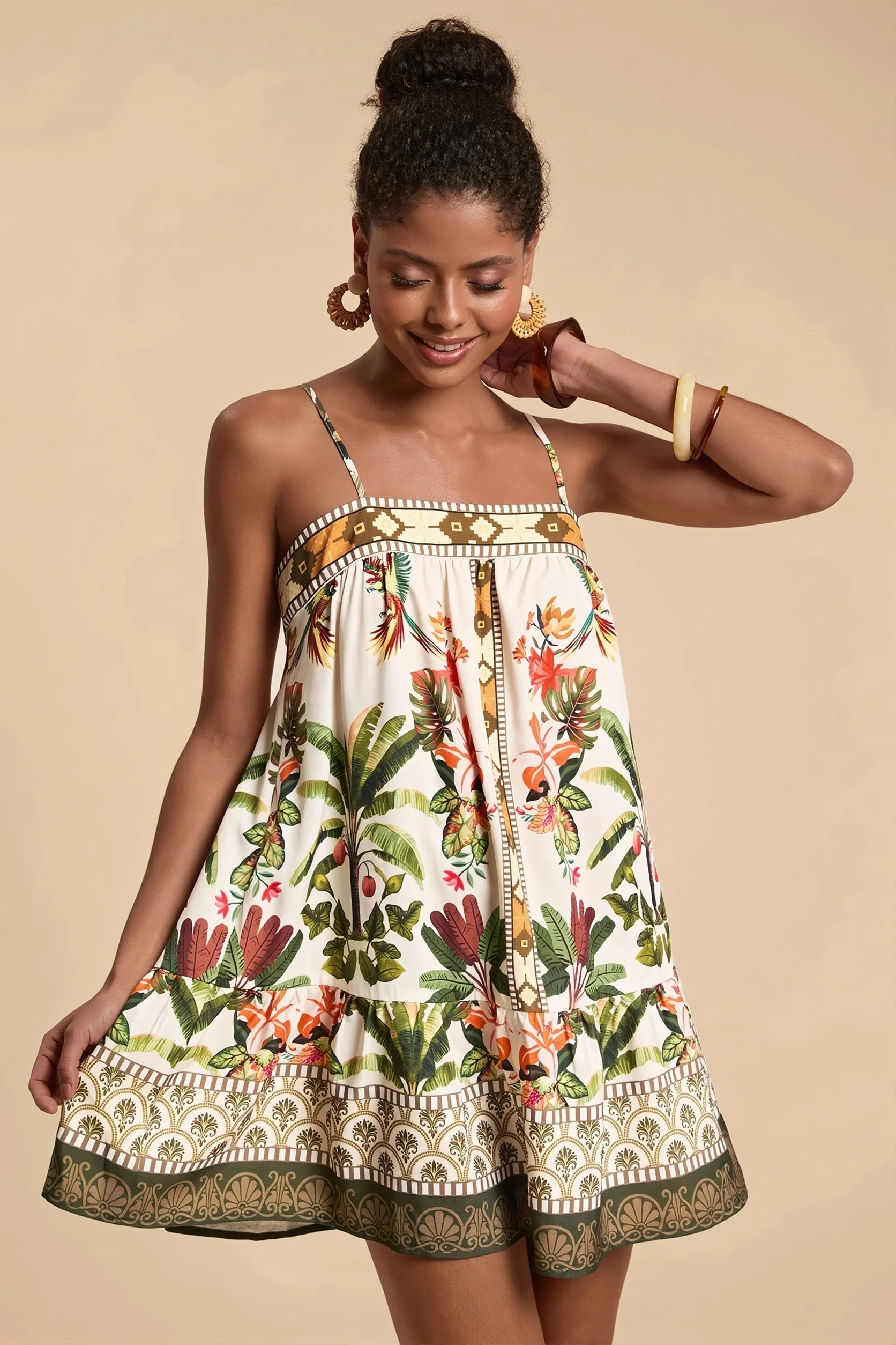 Palm Bird Print Loose Fit Cami Mini Dress