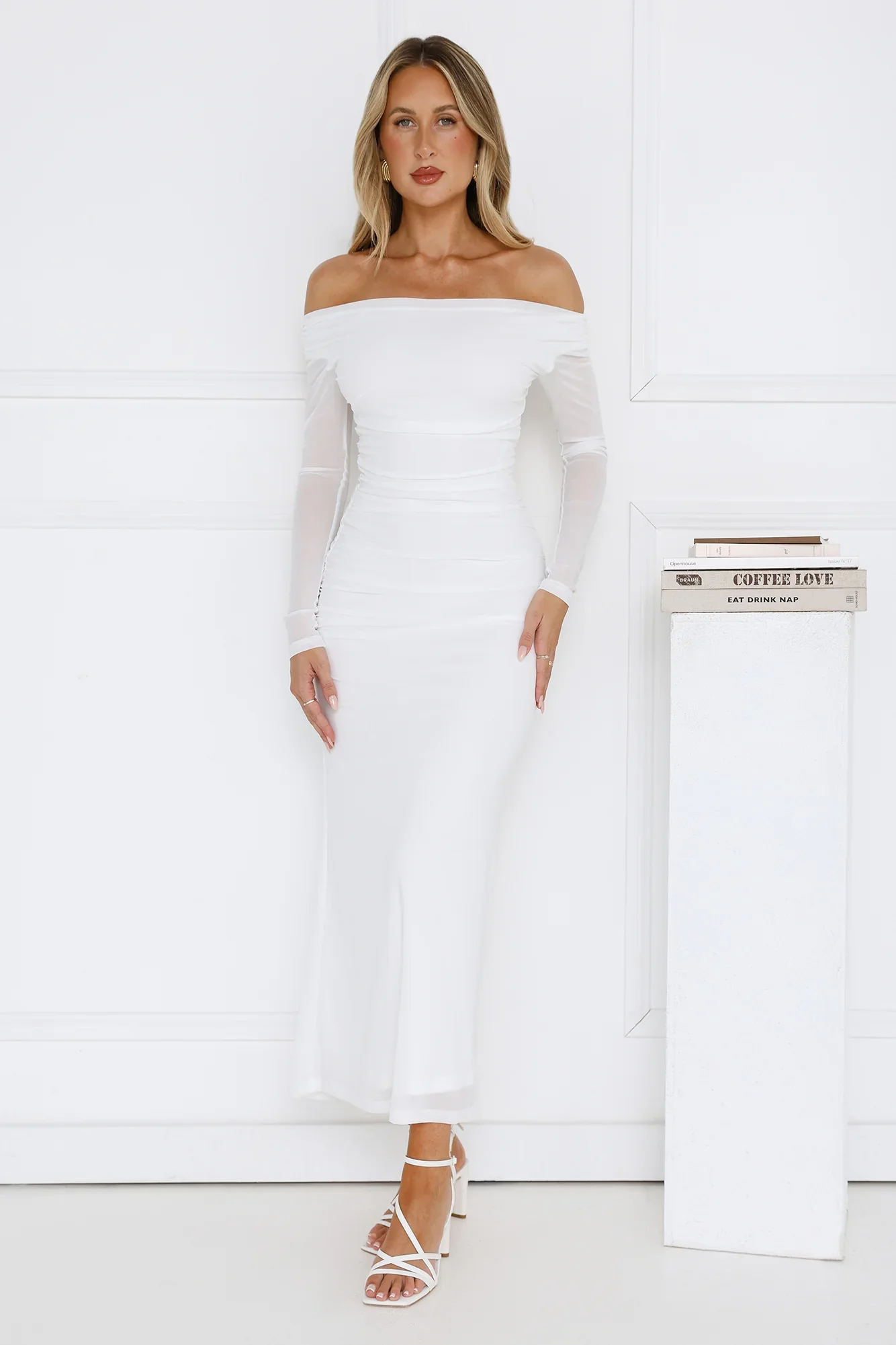 Curve Embrace Off Shoulder Mesh Maxi Dress White