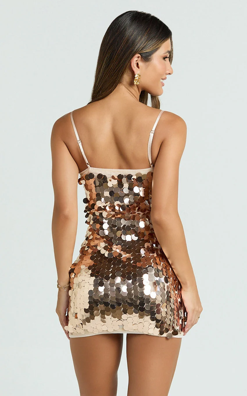 Wilfreda Mini Dress - Sequin Square Neck Bodycon Dress in Rose Gold