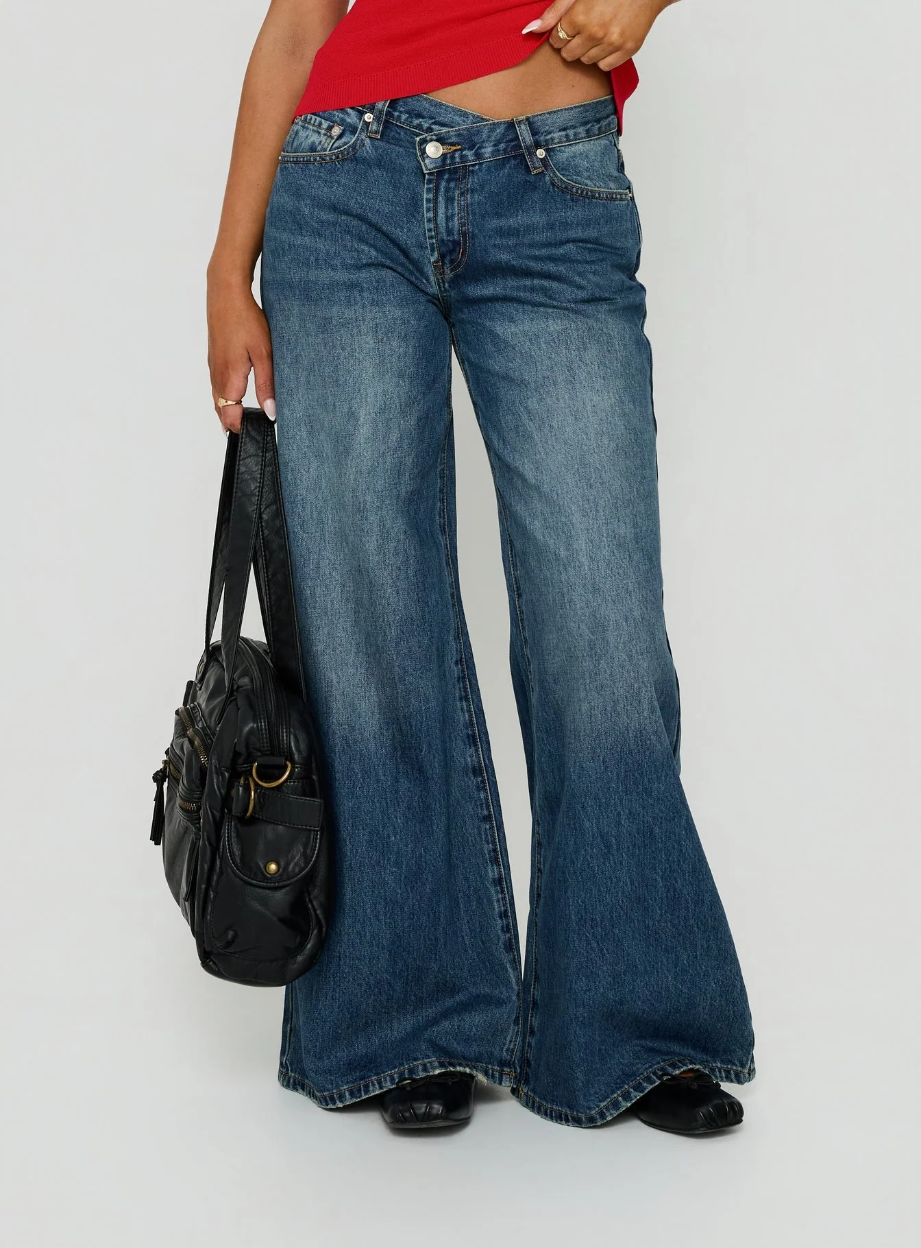 Celinia Mid Rise Asymmetrical Baggy Jeans Dark Indigo