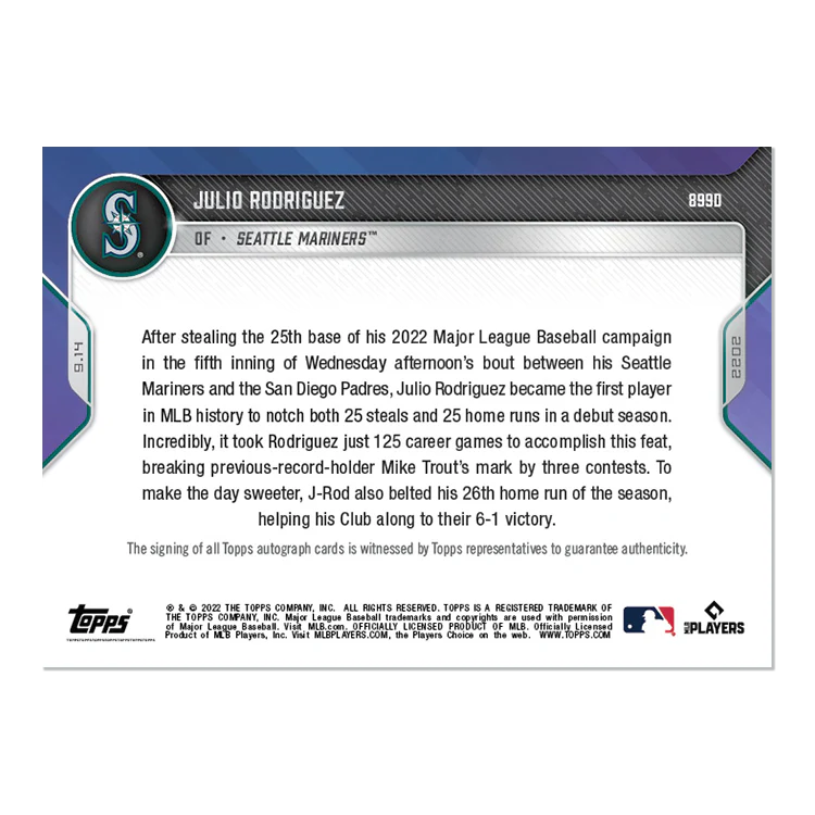 On-Card Auto # to 10 - Julio Rodriguez - 2022 MLB TOPPS NOW® Card 899D