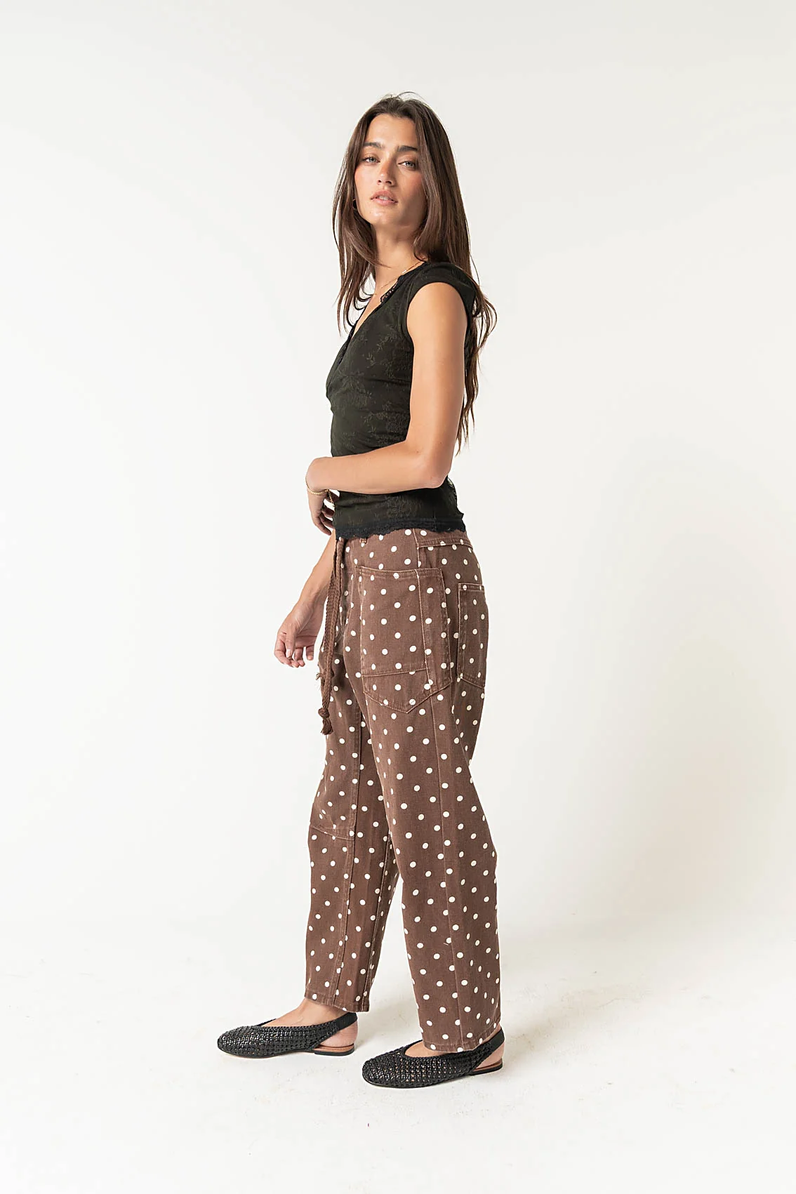 Priya Polka Dot Barrel Jeans in Brown
