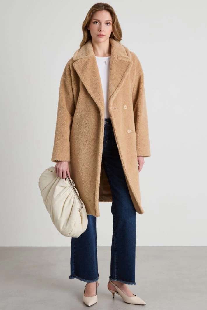Plush double-breasted coat - SAND