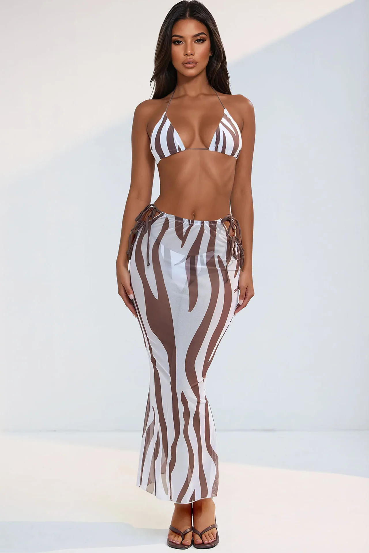 Amina Zebra 3 Piece Bikini Skirt Set - Brown/combo