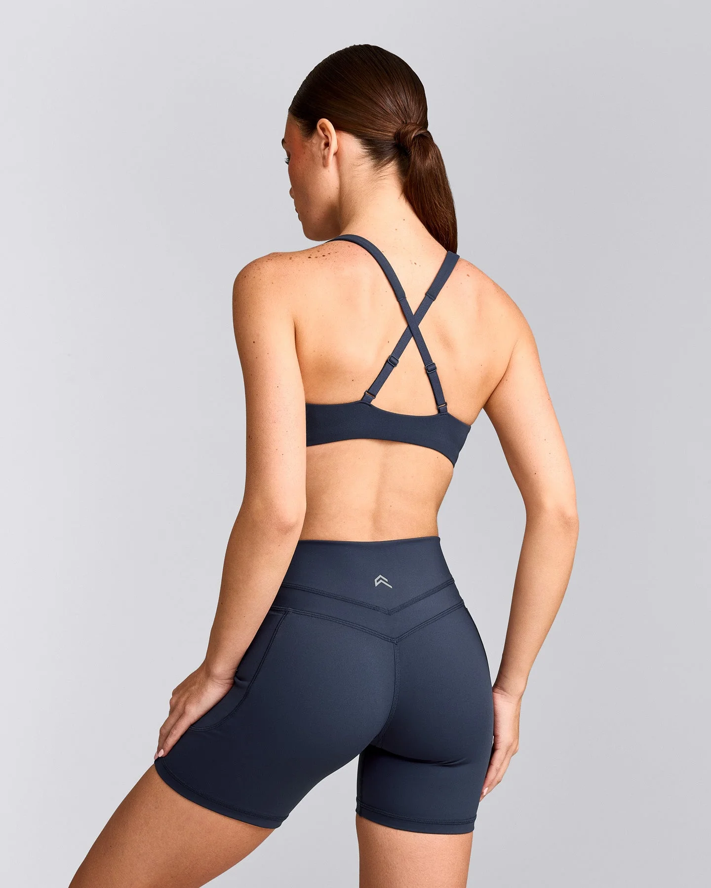 EasyLift™ Cross Back Sports Bra with Grey Logo | True Blue