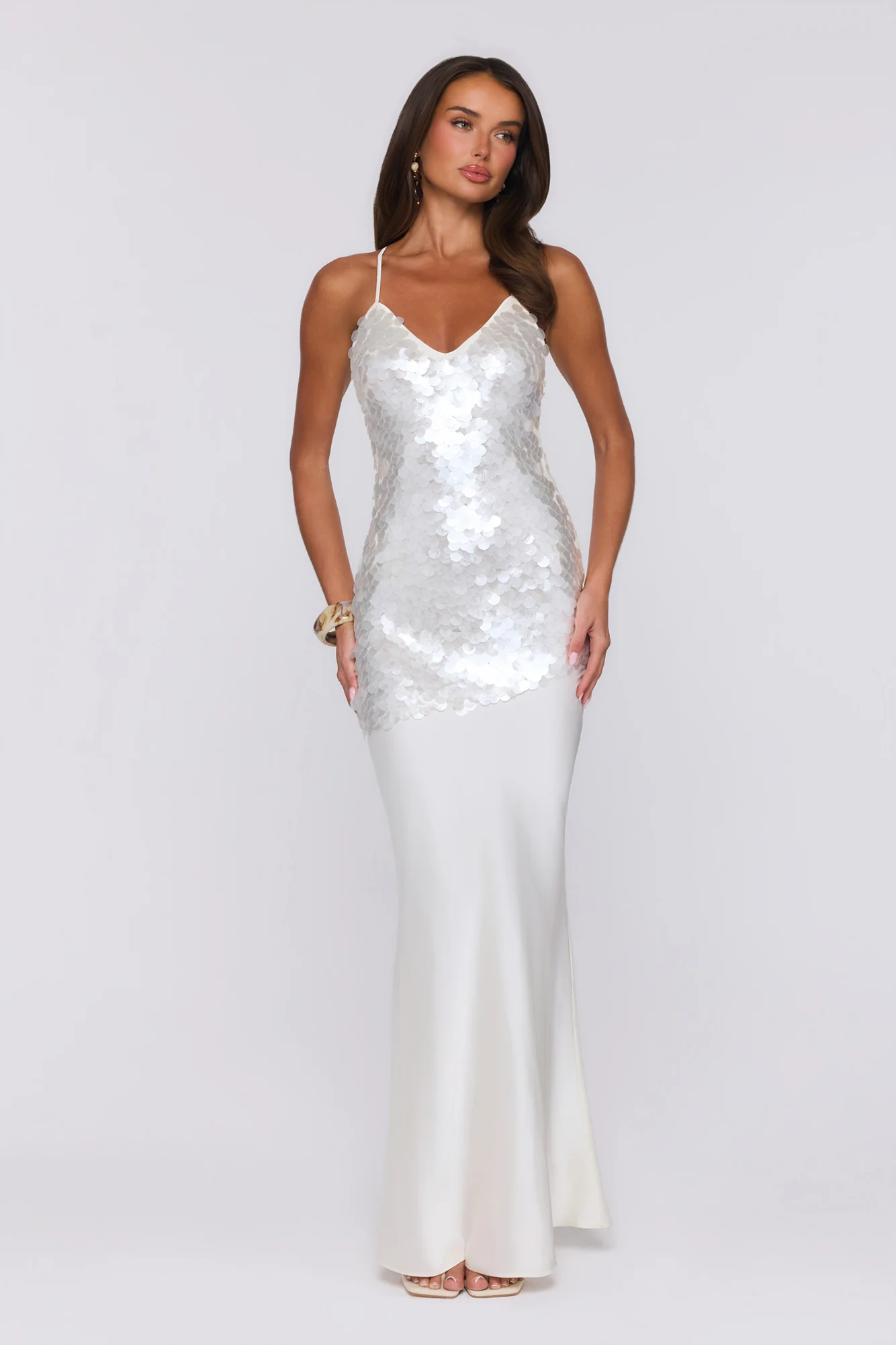 Shimmer Glow Sequin Maxi Dress Ecru White