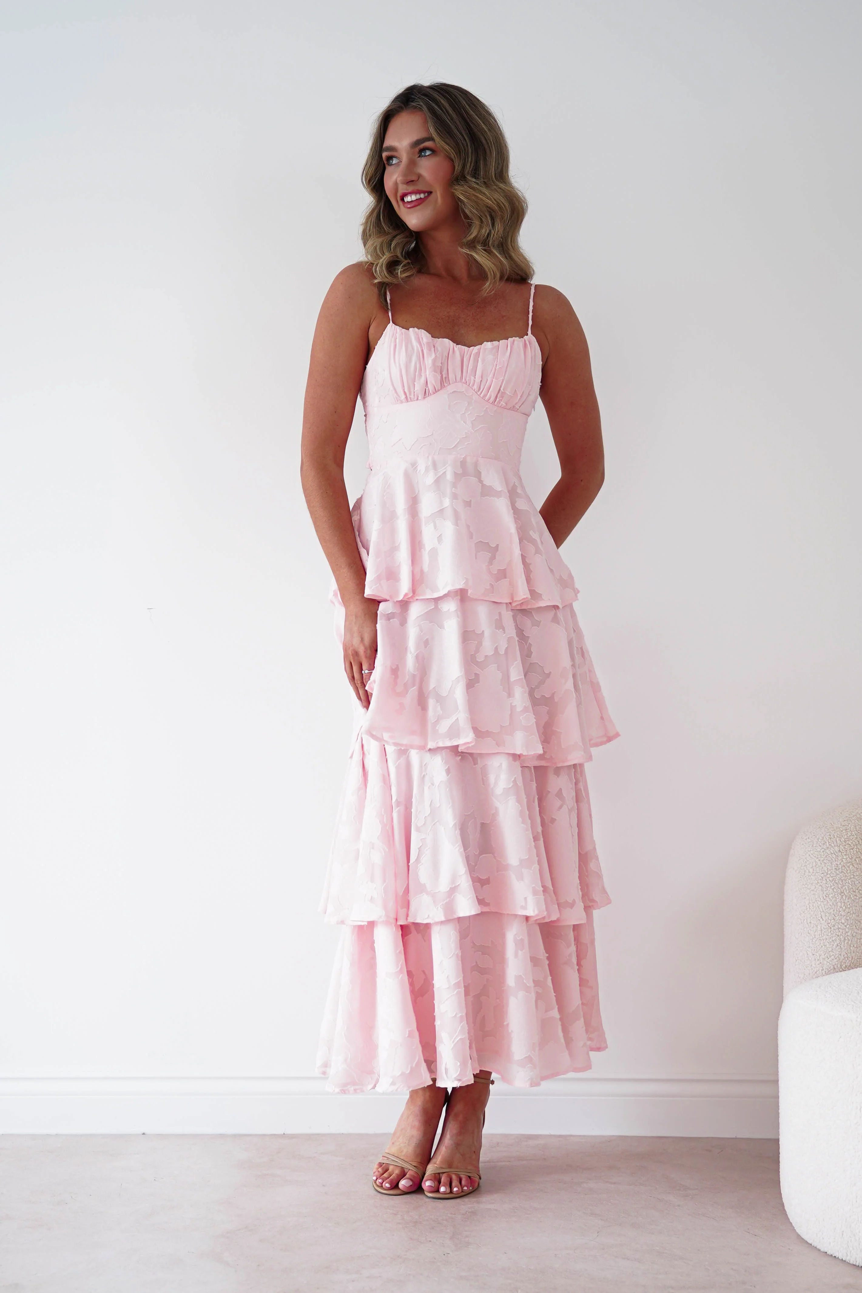 Patsy Floral Jacquard Tiered Maxi Dress | Blush
