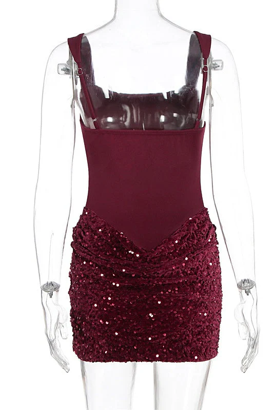 Square Neck Burgundy Sequin Ruched Mini Dress