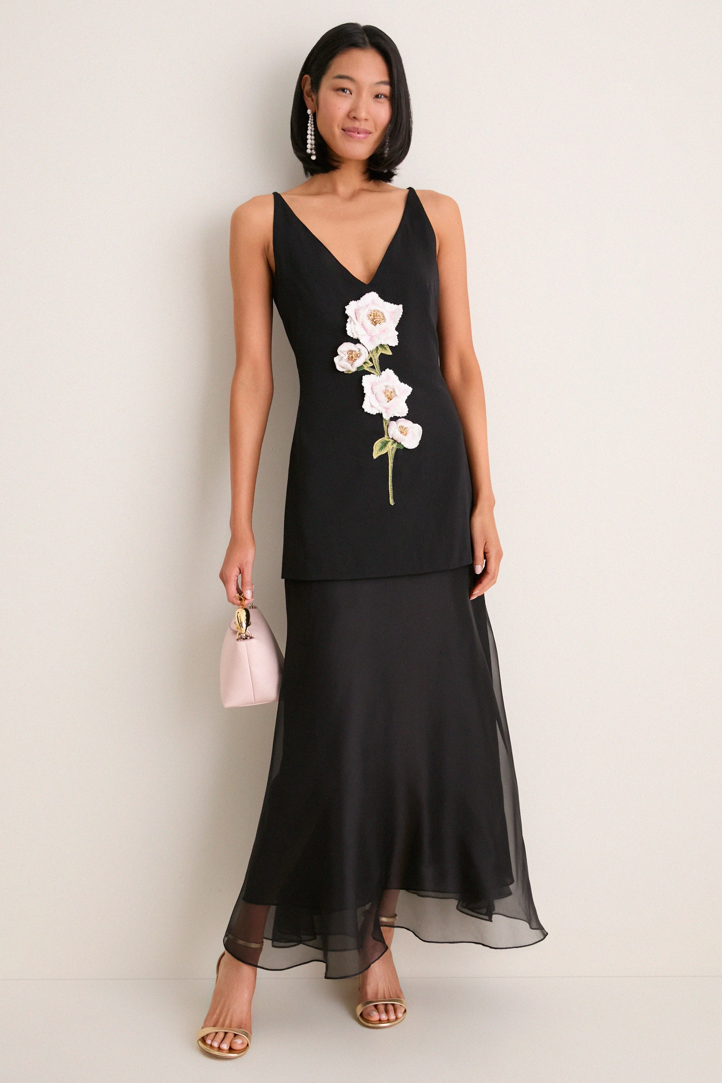 Black and Pink Peony Embroidered V Neck Dress