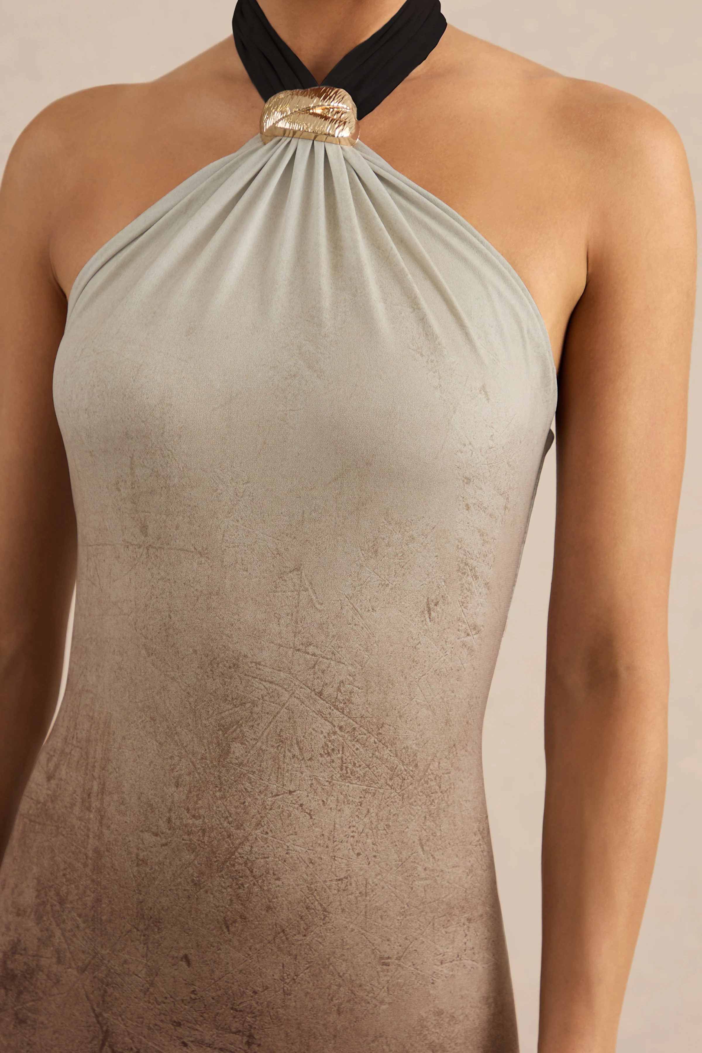 Thera | Brown Ombre Print Jersey Halter Maxi Dress With Gold Trim Detailing And Back Split