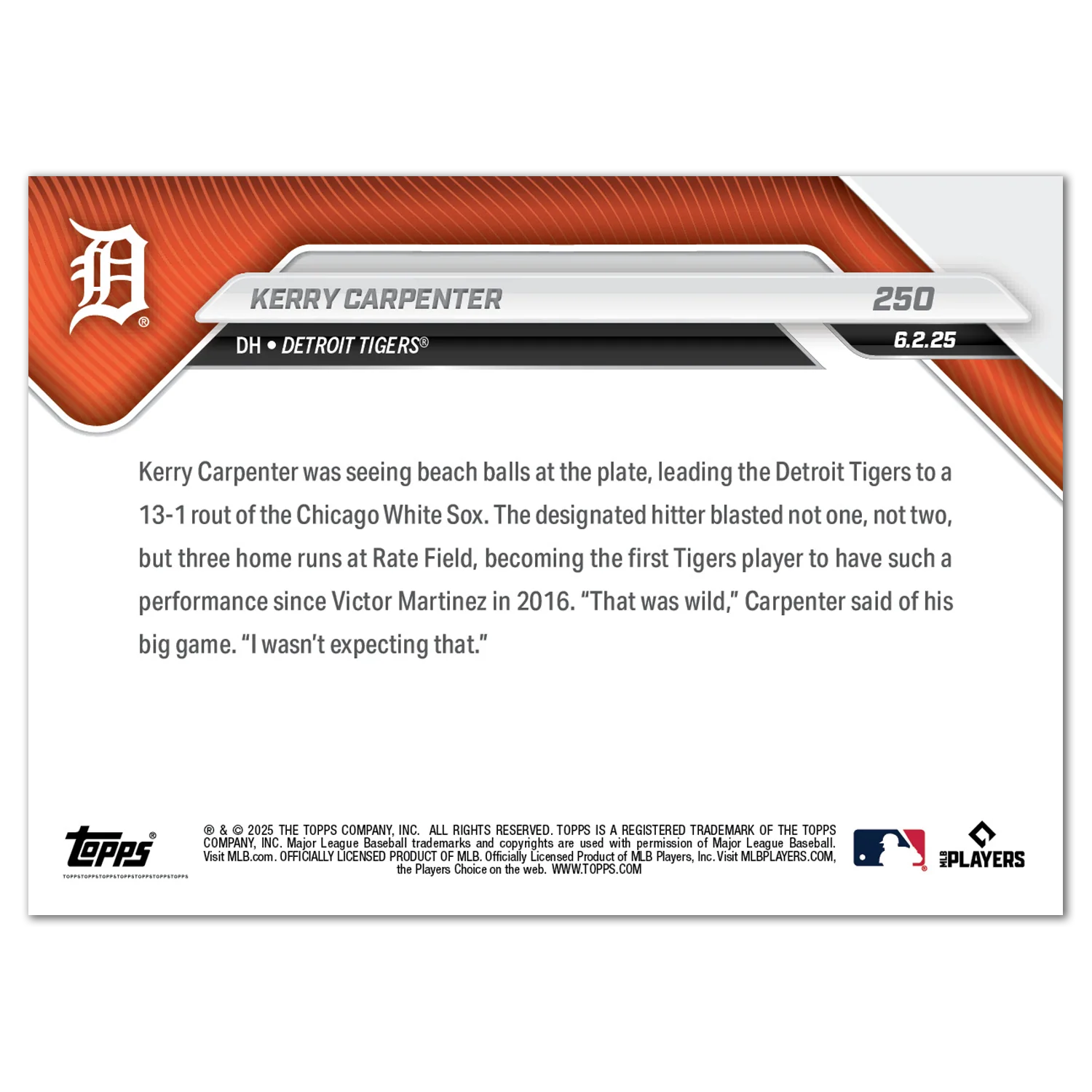 Kerry Carpenter - 2025 MLB Topps NOW® - Card 250