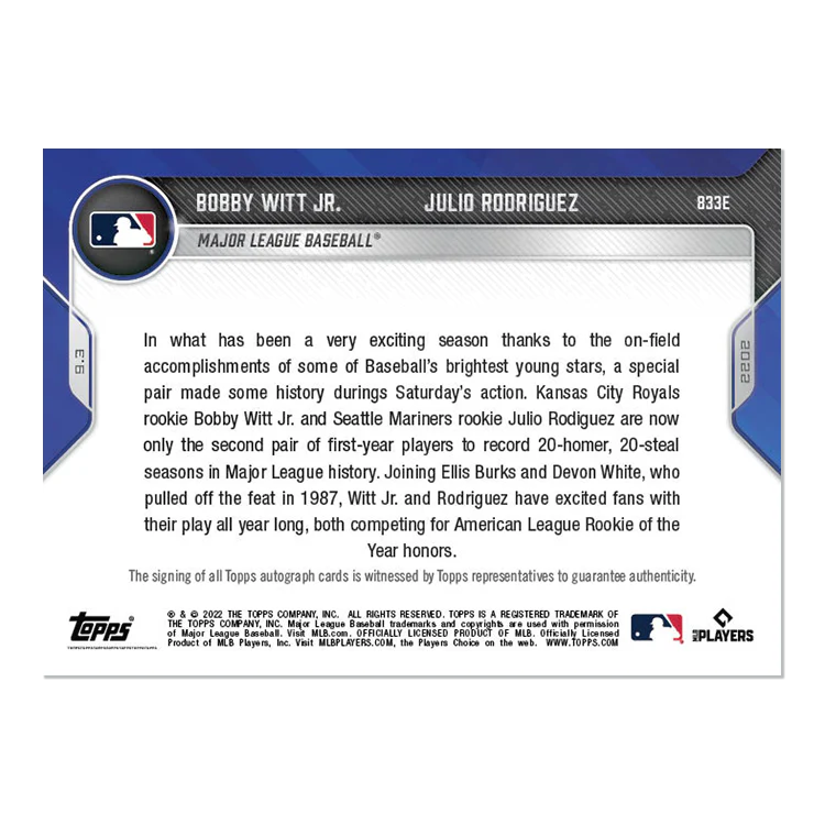 On-Card Auto # to 10 -Bobby Witt Jr./Julio Rodriguez - 2022 MLB TOPPS NOW® Card 0833E