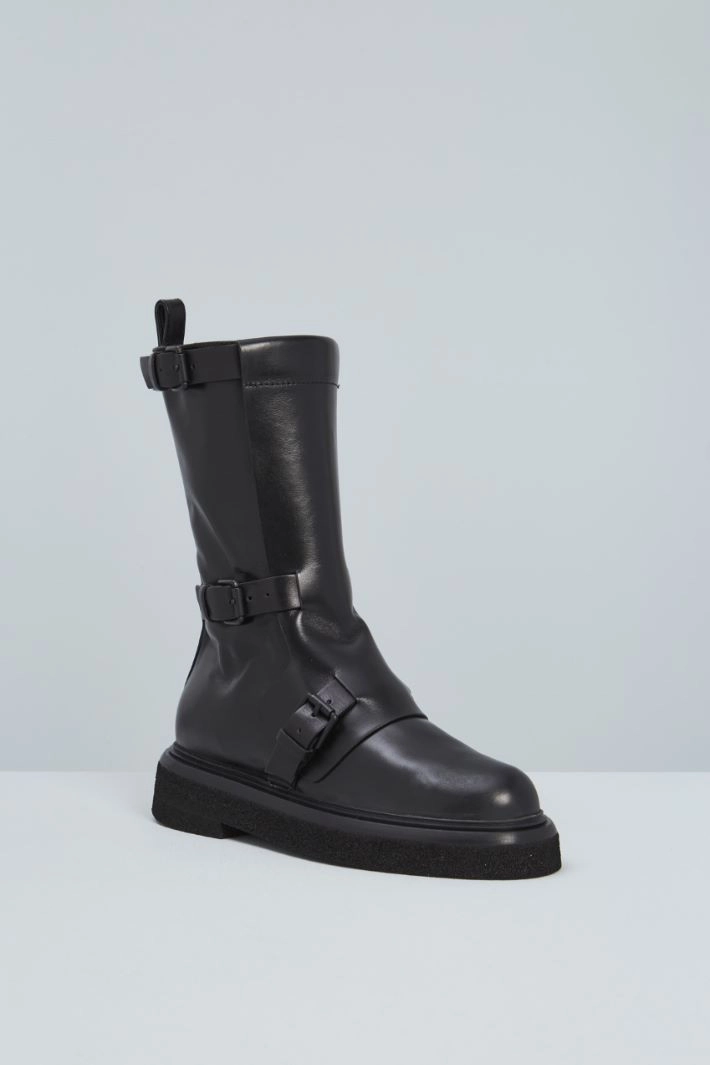 Leather biker boots with straps - BLACK