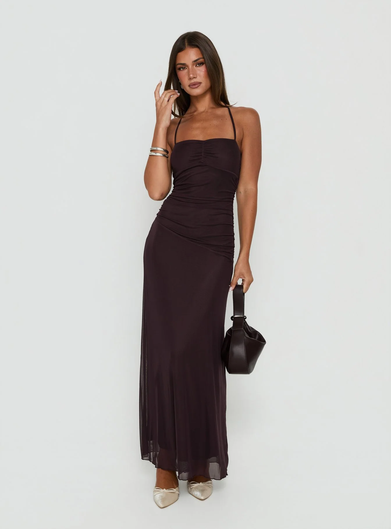 Adriannah Halter Ruched Maxi Dress Plum