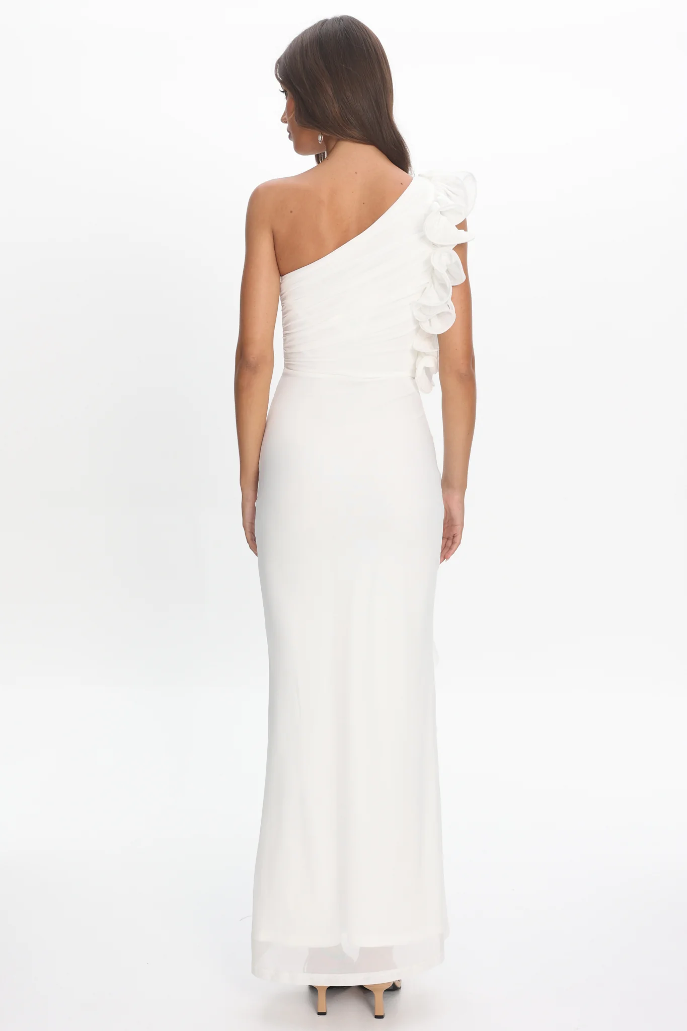 Deanna One-Shoulder Split Ruffle Maxi Dress Off White