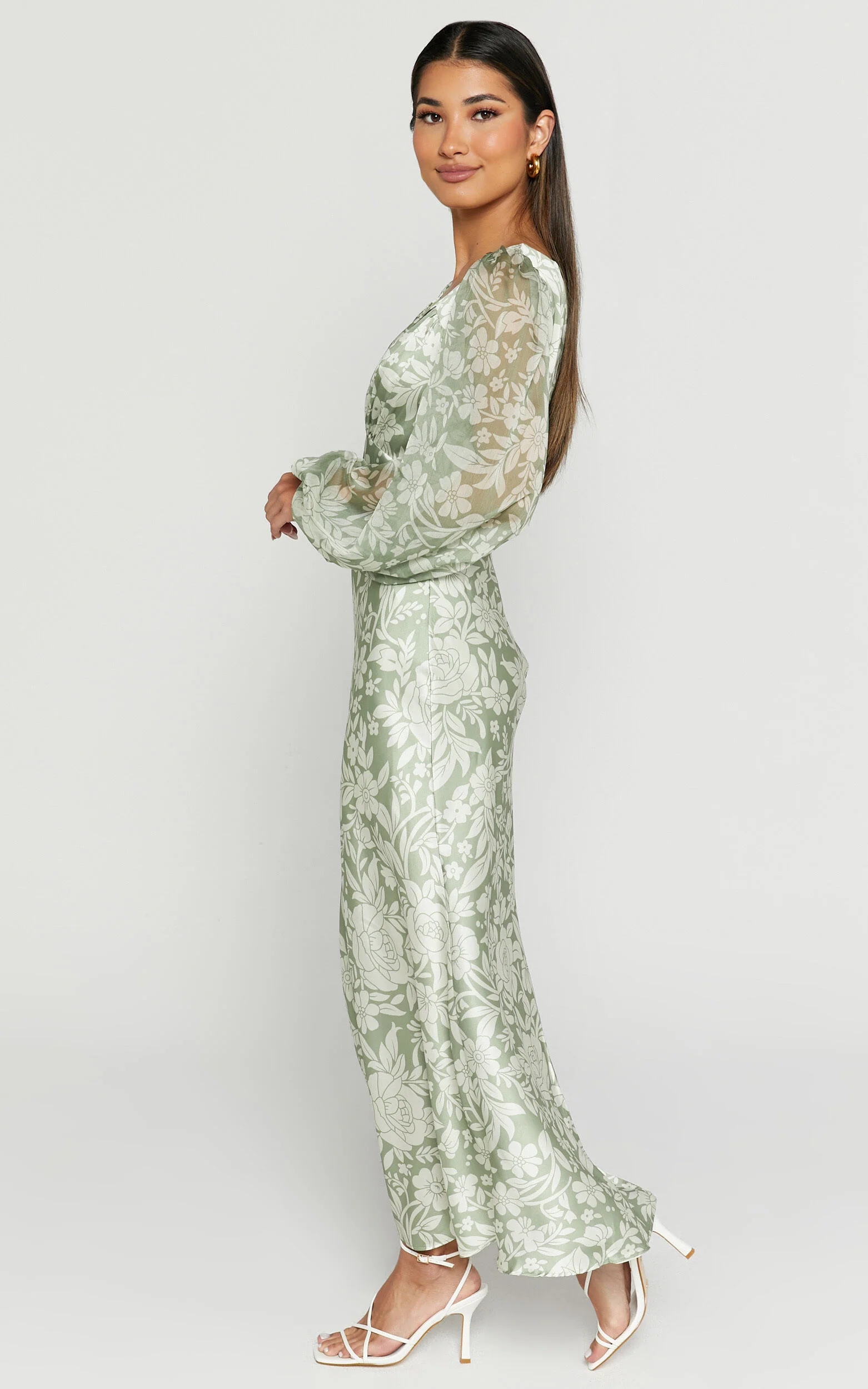 Freollyn Midi Dress - Deep V Neck Long Sleeve Dress in Sage