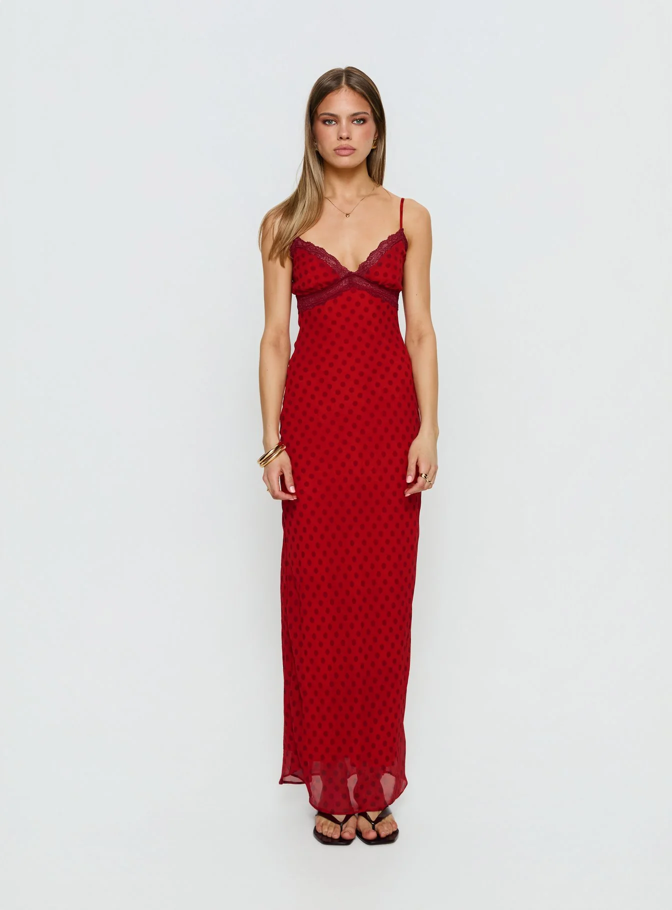 Adasia Lace V Neck Maxi Dress Red Polka Dot