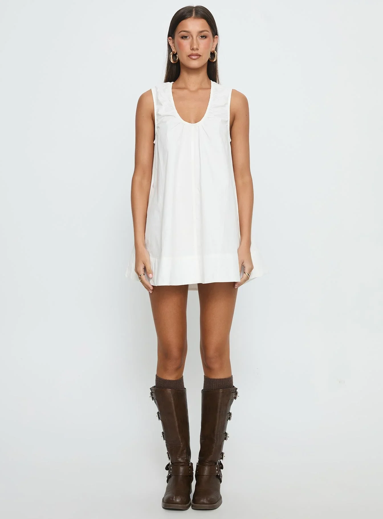 Eberta Ruched Baby Doll Mini Dress White