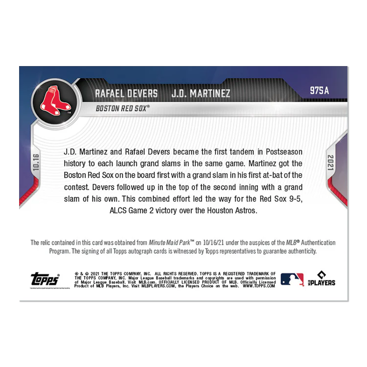 On-Card Auto-Relic # to 99 - J.D. Martinez / Rafael Devers - 2021 MLB TOPPS NOW® Card 975A