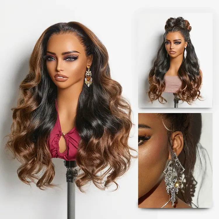 NatureMAX™ 200% Density Glueless 13x4 HD Lace Front Wig Ombre Brown Loose Wave Human Hair Wig Pre-Cut Lace Flexi-Fit Drawstring Cap