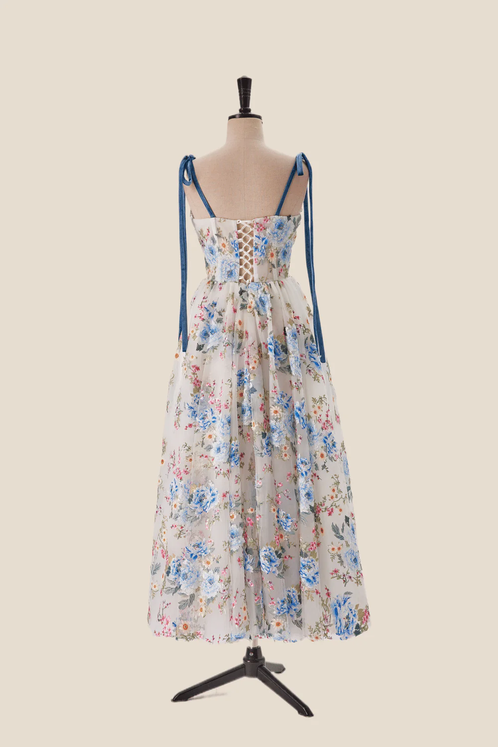 Blue Floral Tea Length A-line Party Dress