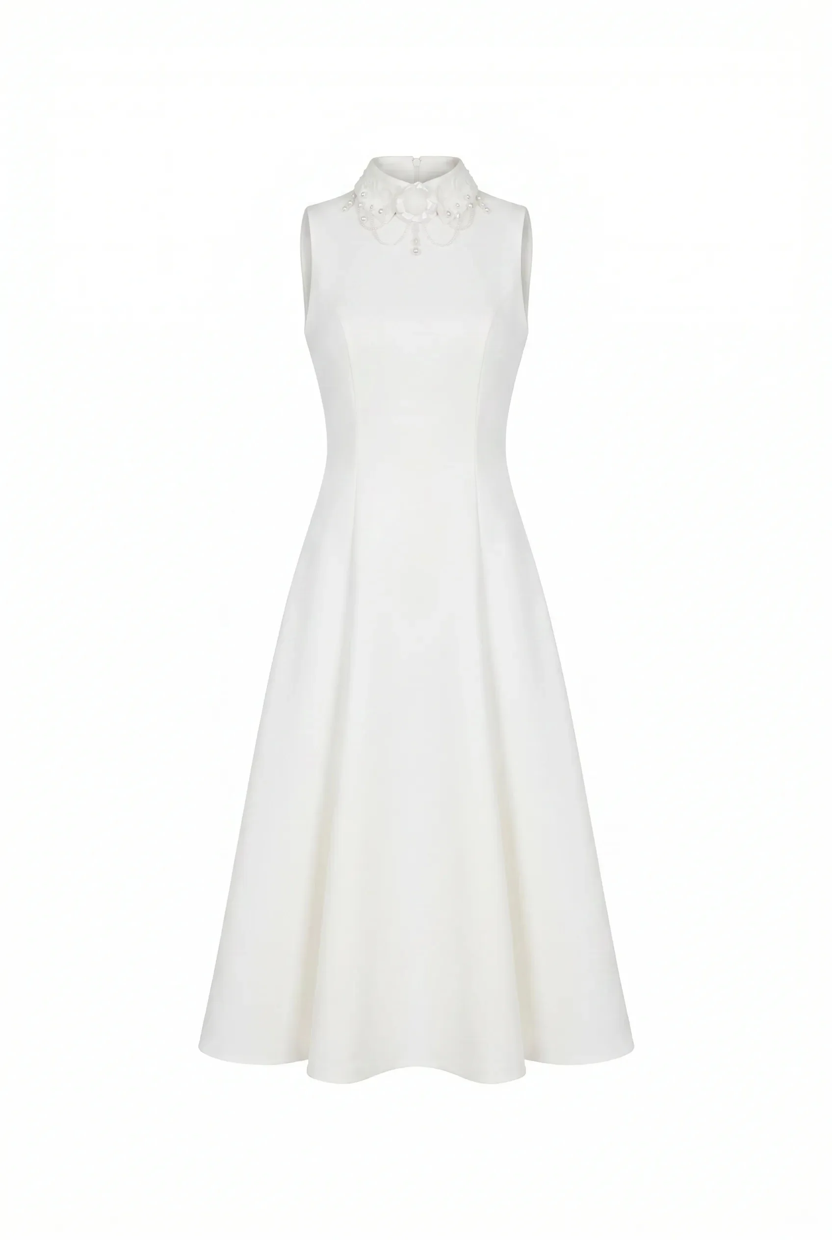 Elegant white midi dress with a high neckline