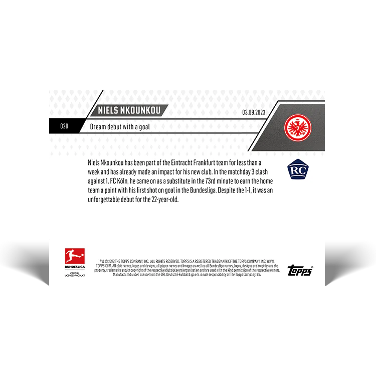 Topps UK - Niels Nkounkou - Dream debut with a goal - Bundesliga TOPPS NOW® Card #20