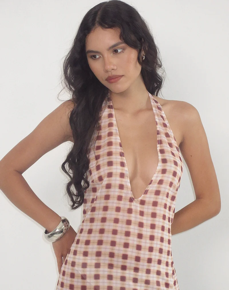 Driti Maxi Dress in Chiffon Blurred Check Peach