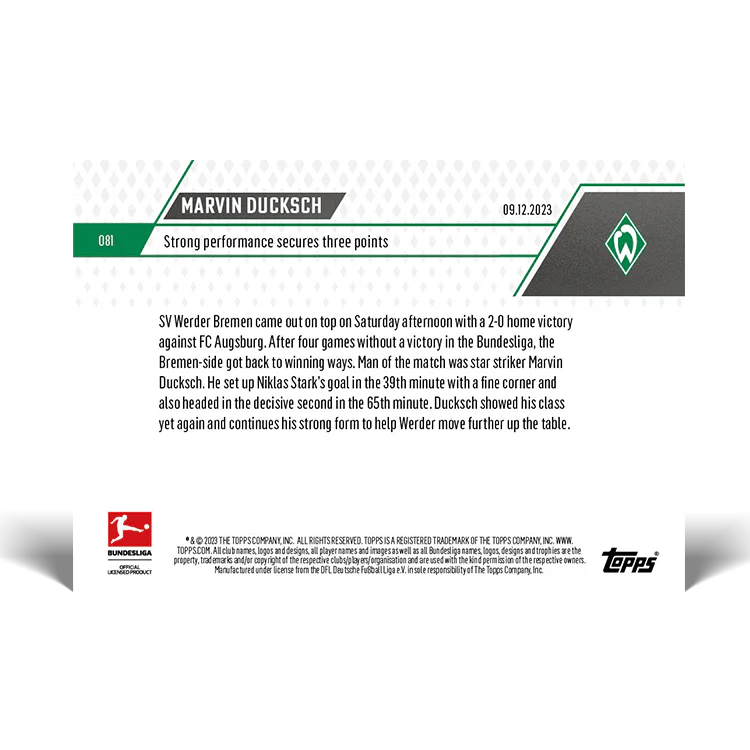 Topps UK - Marvin Ducksch - Strong performance secures three points - Bundesliga TOPPS NOW® Card #81