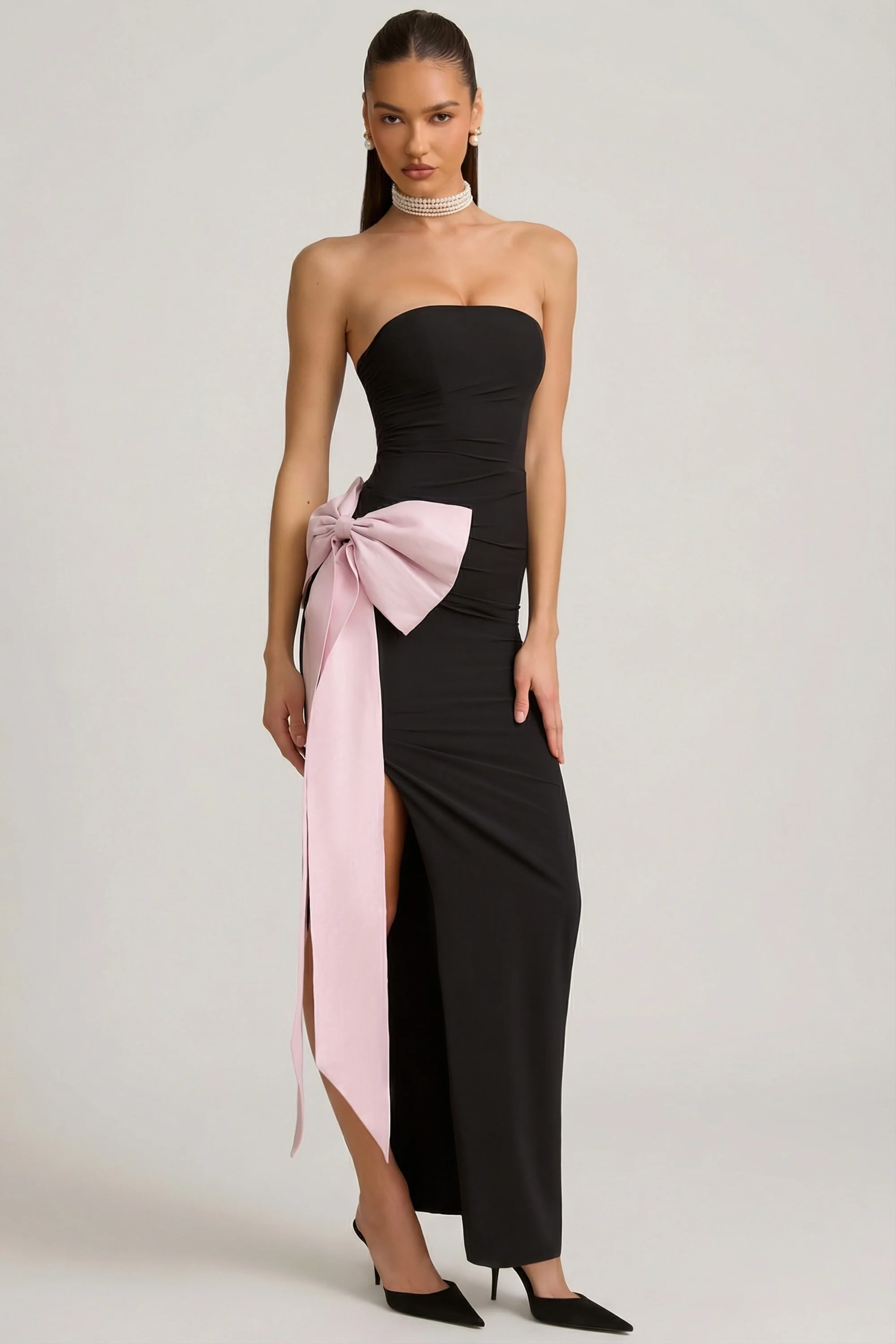Strapless Bow-Detail Maxi Dress in Black