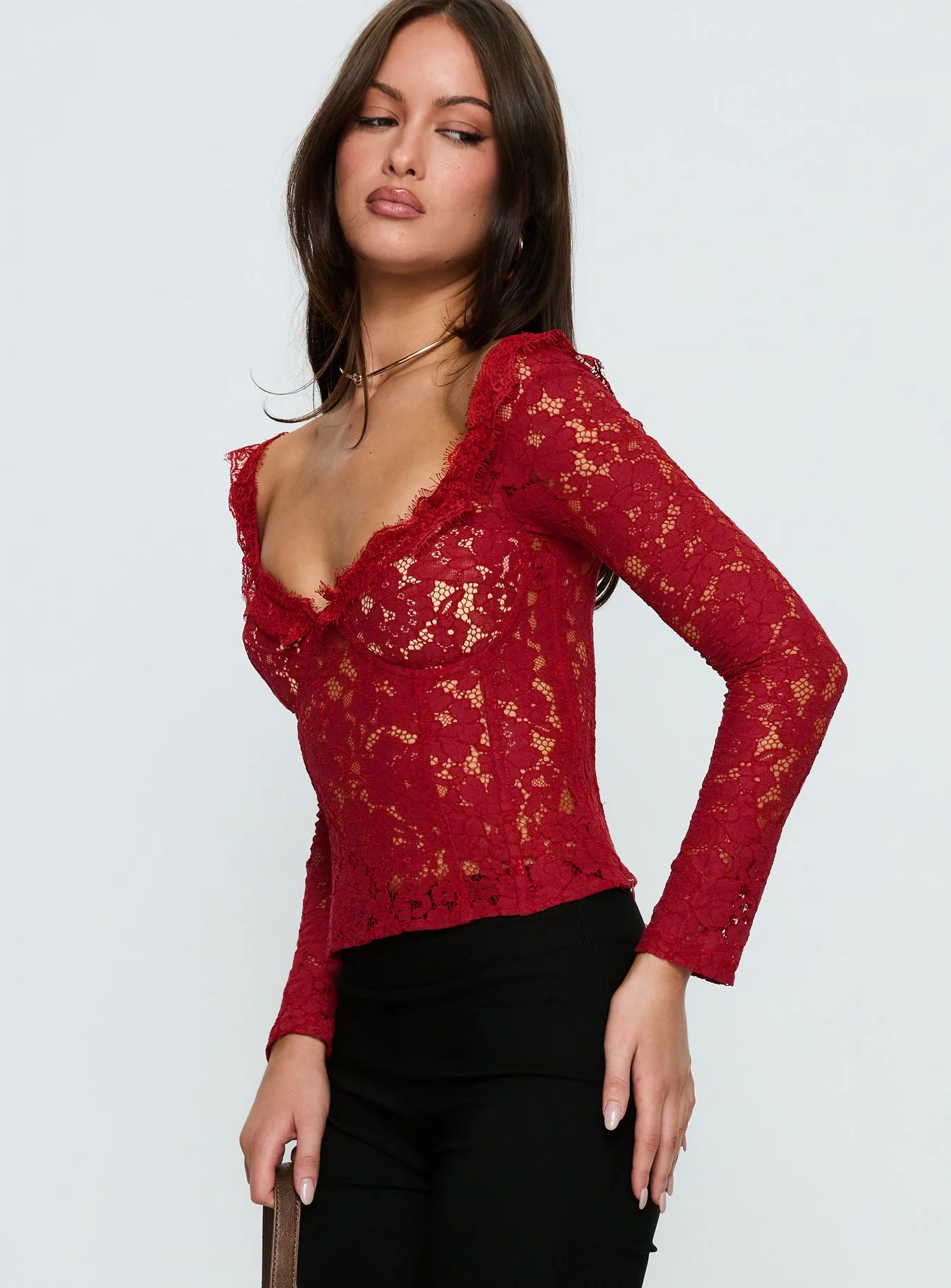 Miquela Long Sleeve Corset Lace Top Red