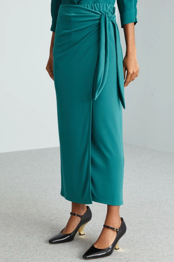 Knot-embellished wrap jersey skirt - PETROL GREEN
