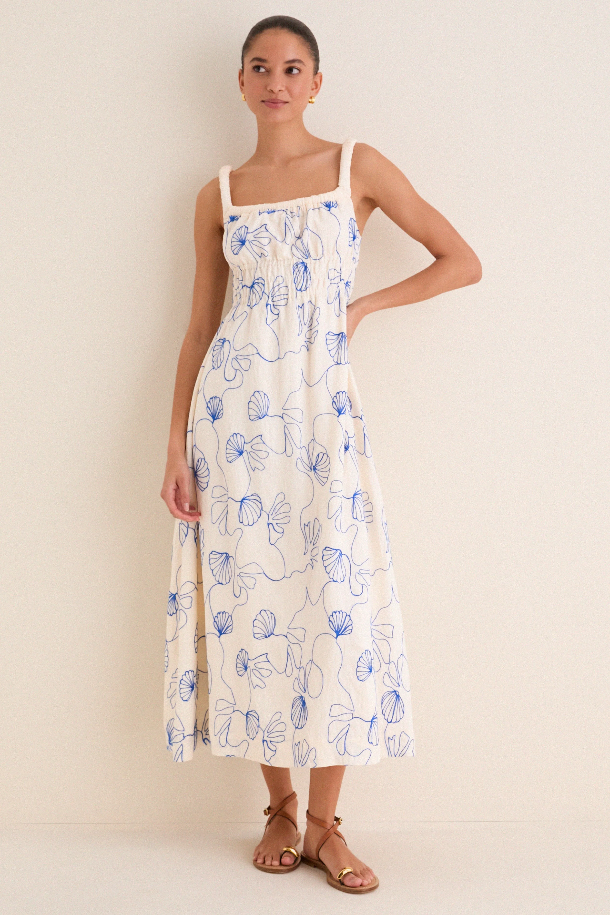 Cream & Royal Blue Embroidered Beverly Maxi Dress